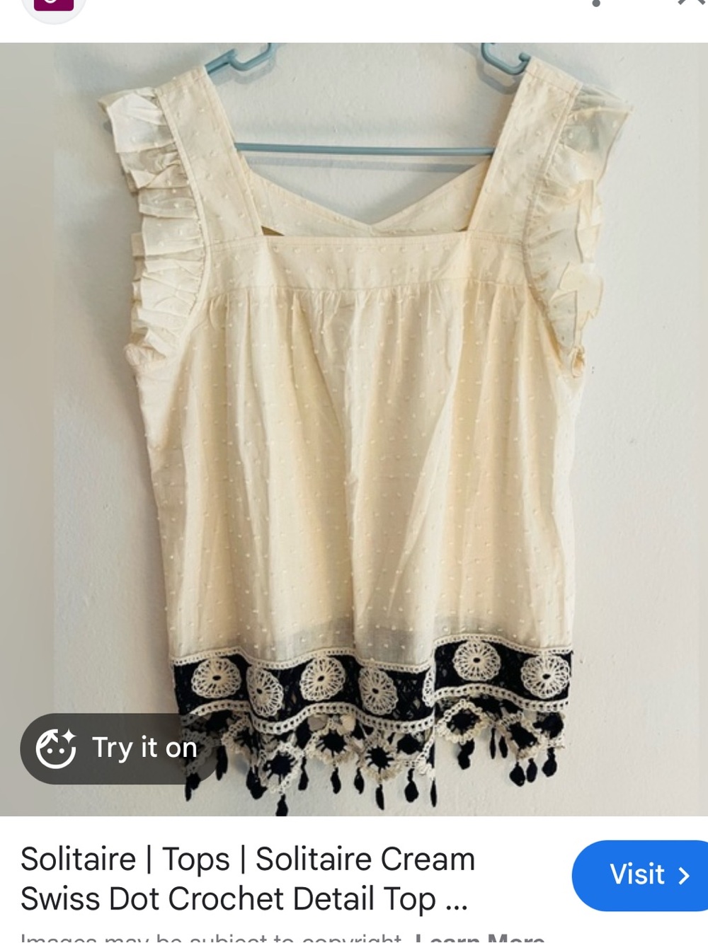 Solitaire Cream Swiss Dot Ruffle Sleeve Top with Navy Crochet Hem | Size Medium
